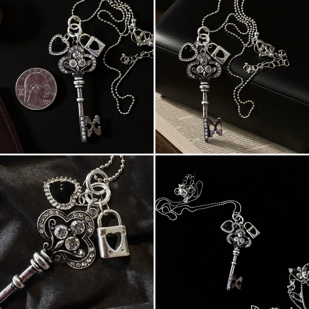 Gorgeous Black and Silver Toned Heart Lock and Key Pendant Necklace